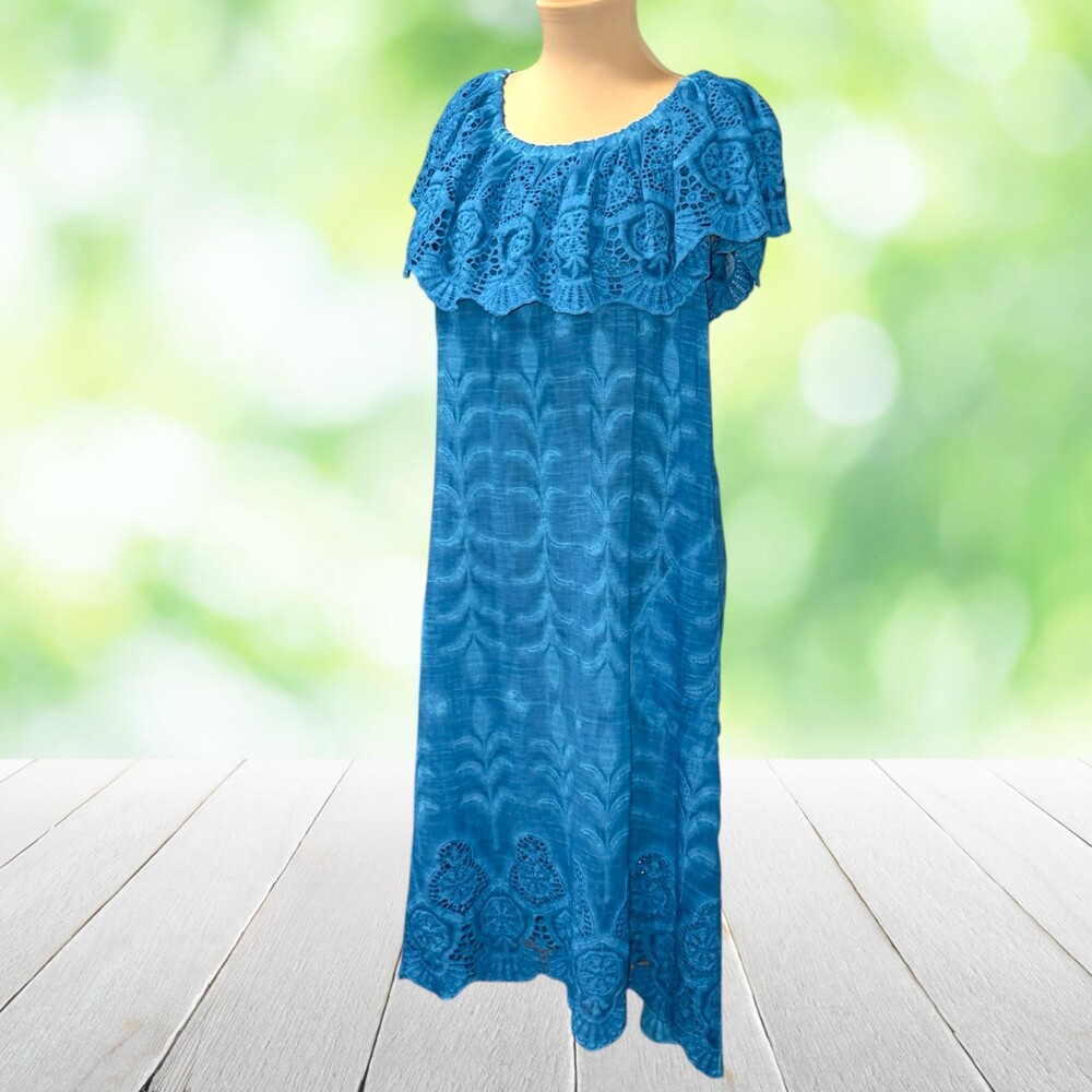 SOFT SURROUNDINGS Sun Dress Senorita Off Shoulder Eyelet Ruffle Aqua Blue Size L